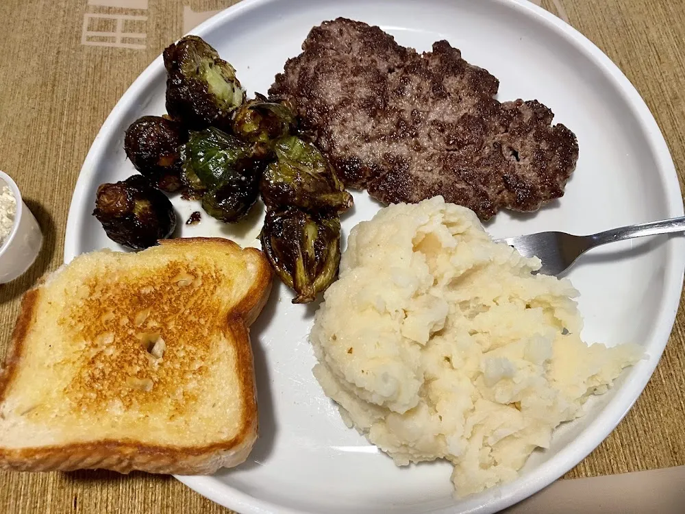 Chopped Steak w Flash Fried Brussels Sprouts Mashed Potatoes